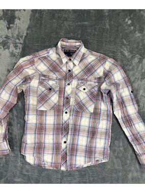 Raw State Mens Red Blue & White Plaid Button-Up Long Sleeve Shirt M